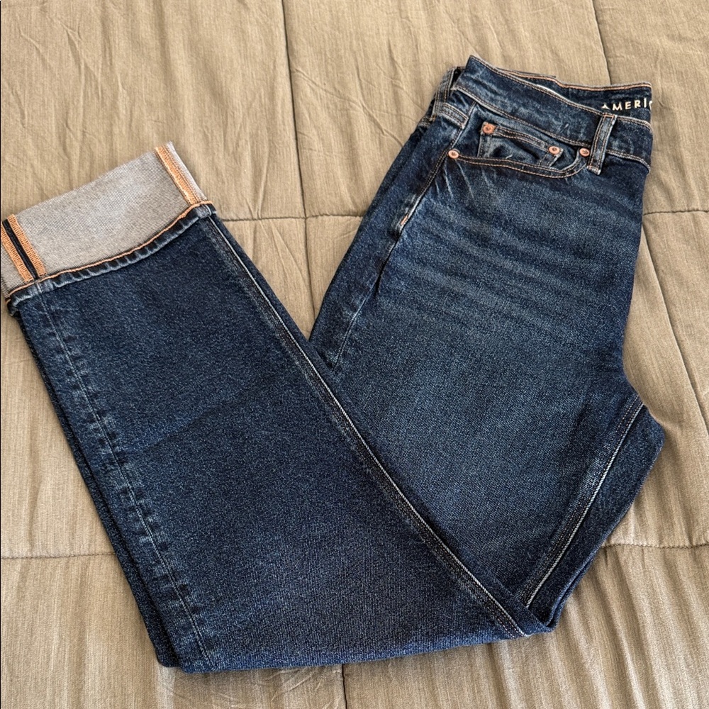 AE Dark Blue Women's Straight-Leg Cuffed Jeans
